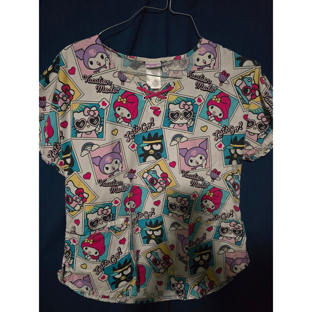 Hello Kitty and Friends Vacation Mode Scrub Top V-Neck Sanrio Print TF787 Large
